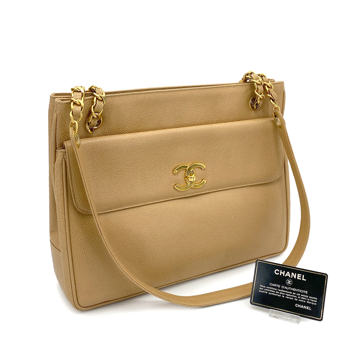 CHANEL VINTAGE CHAIN TOTE BAG BEIGE CAVIAR SKIN 90261219