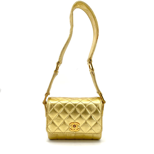 CHANEL VINTAGE MINI MATELASSE CHAIN SHOULDER BAG METALLIC GOLD LAMB SKIN 90261220