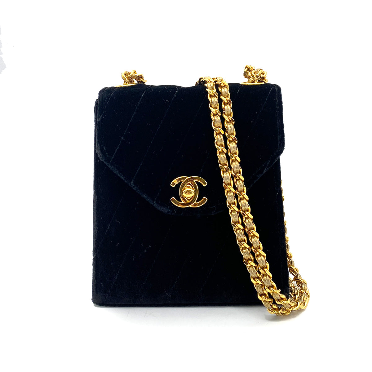 CHANEL VINTAGE VELOR VELVET CHAIN SHOULDER BLACK 90261224