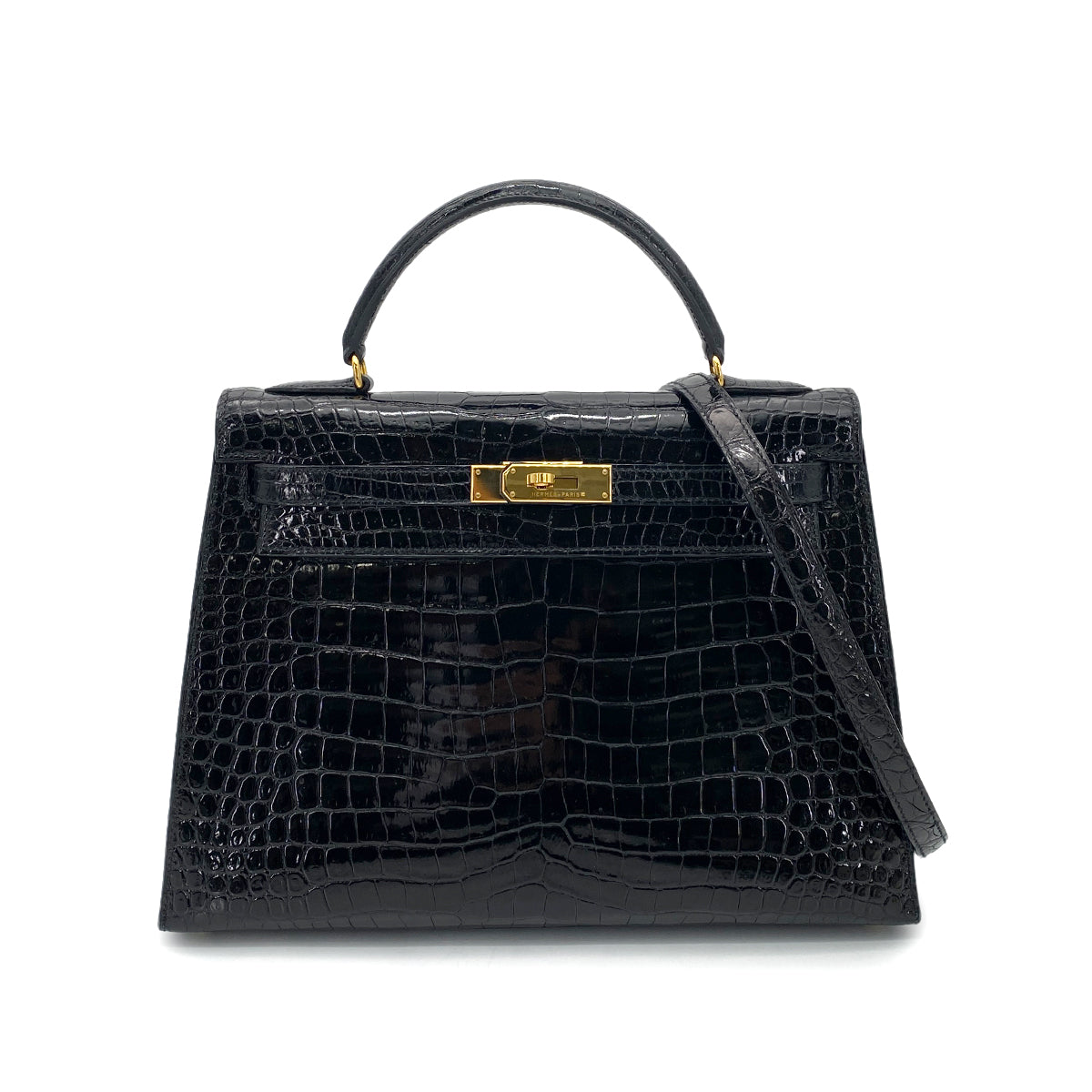 HERMES KELLY 32 SELLIER BLACK POROSUS CROCODILE HAND SHOULDER BAG □B 90261232