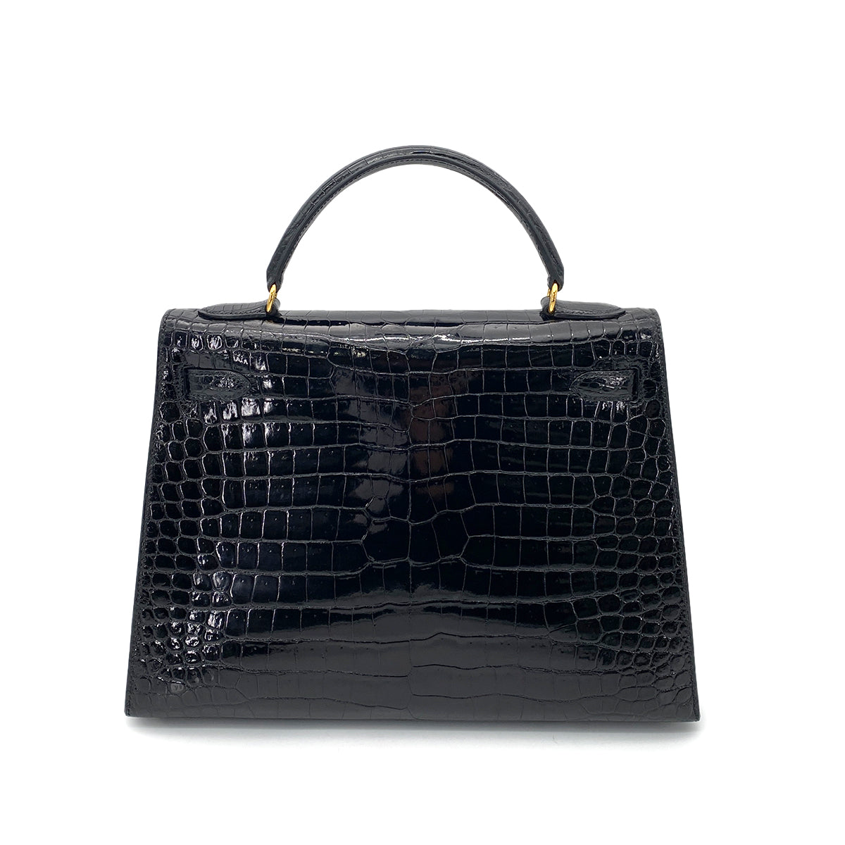 HERMES KELLY 32 SELLIER BLACK POROSUS CROCODILE HAND SHOULDER BAG □B 90261232