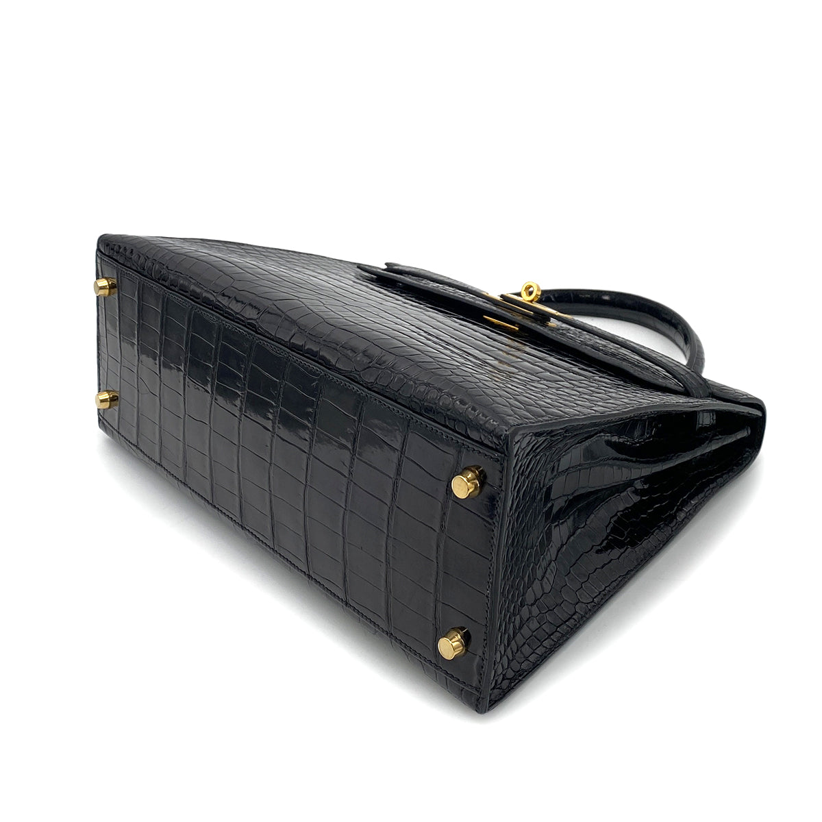 HERMES KELLY 32 SELLIER BLACK POROSUS CROCODILE HAND SHOULDER BAG □B 90261232