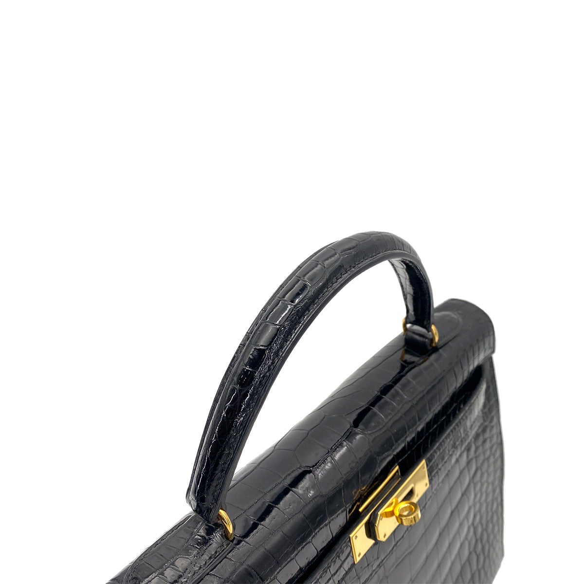 HERMES KELLY 32 SELLIER BLACK POROSUS CROCODILE HAND SHOULDER BAG □B 90261232
