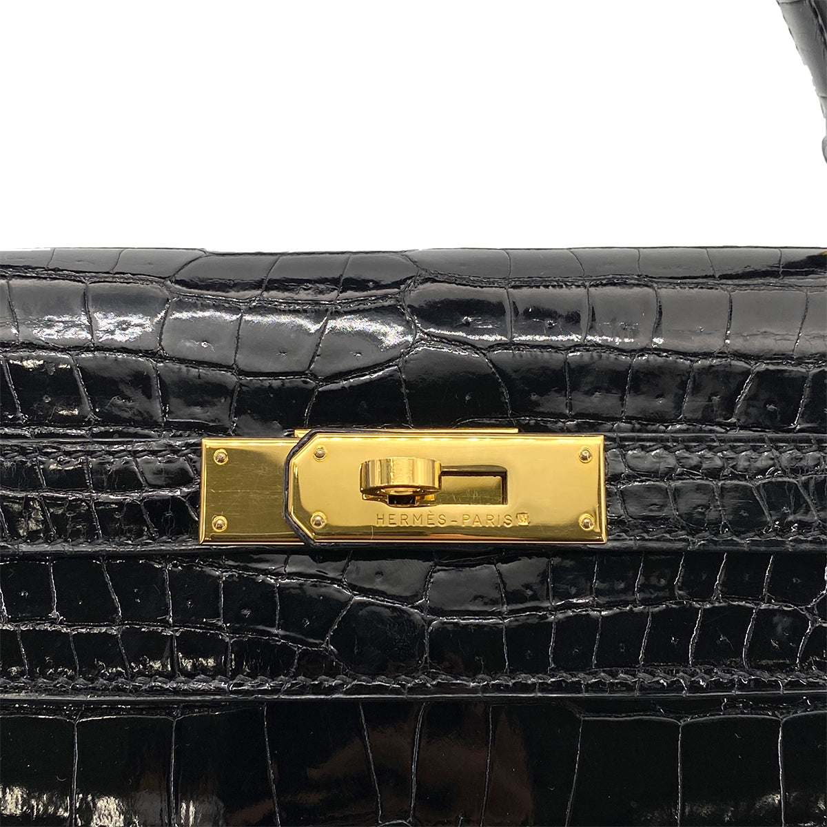 HERMES KELLY 32 SELLIER BLACK POROSUS CROCODILE HAND SHOULDER BAG □B 90261232