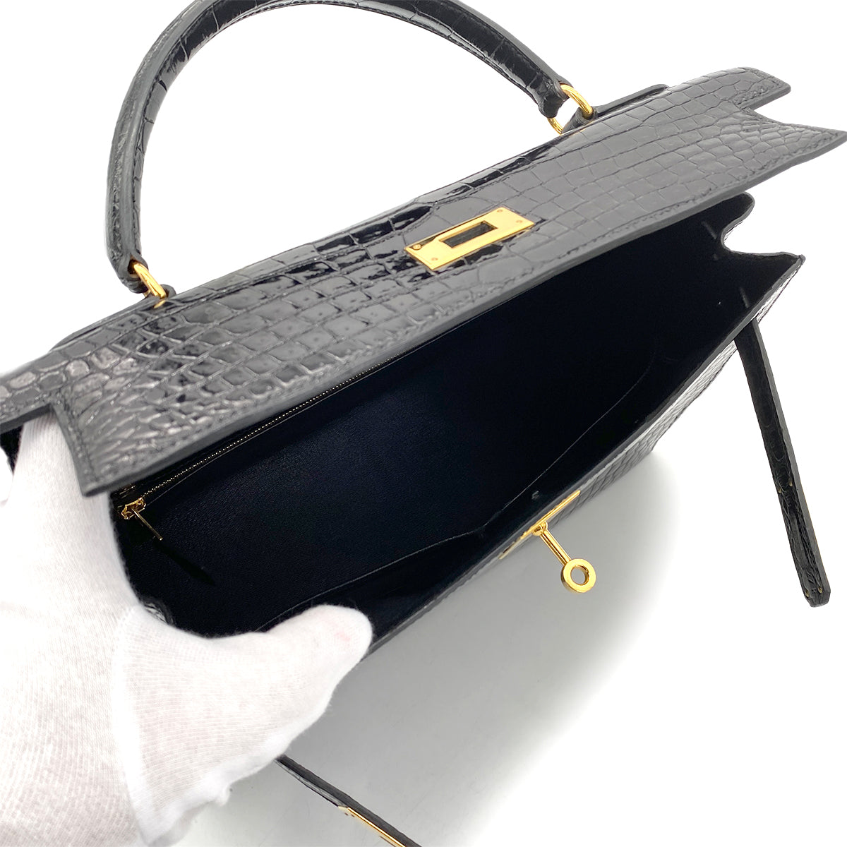 HERMES KELLY 32 SELLIER BLACK POROSUS CROCODILE HAND SHOULDER BAG □B 90261232