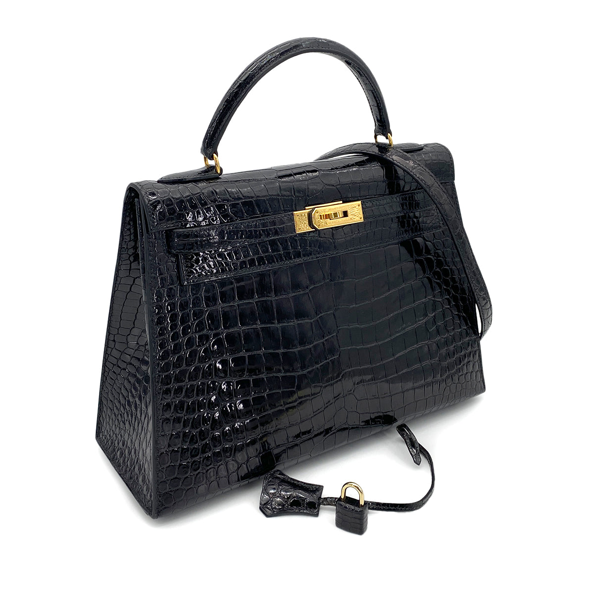 HERMES KELLY 32 SELLIER BLACK POROSUS CROCODILE HAND SHOULDER BAG □B 90261232