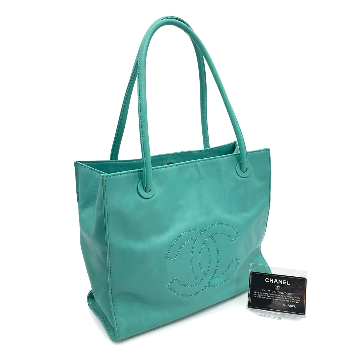 CHANEL VINTAGE BIG COCO TOTE BAG LIGHT GREEN LEATHER 90261236