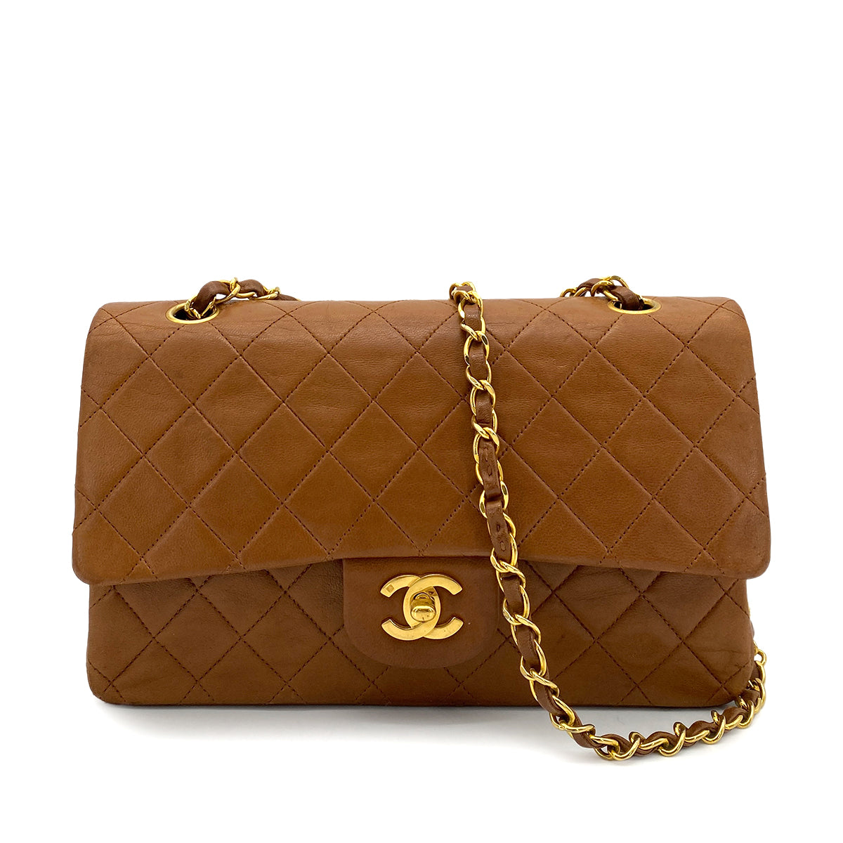 CHANEL VINTAGE CLASSIC FLAP MEDIUM CHAIN SHOULDER BAG BROWN LAMB SKIN 90261246