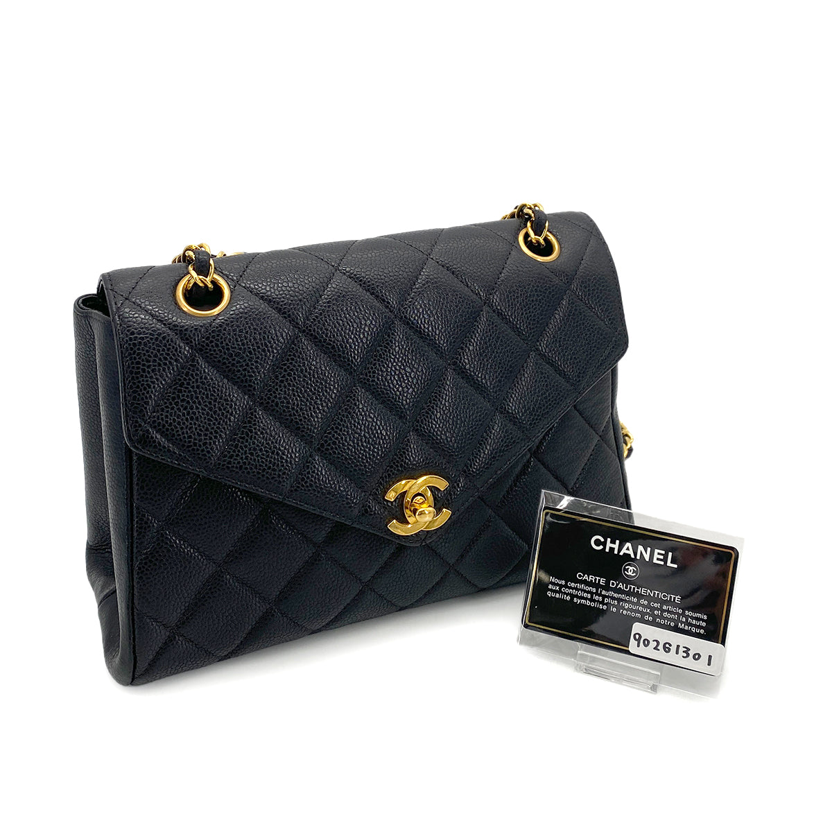 CHANEL VINTAGE MATELASSE CHAIN HAND BAG BLACK CAVIAR SKIN 90261301