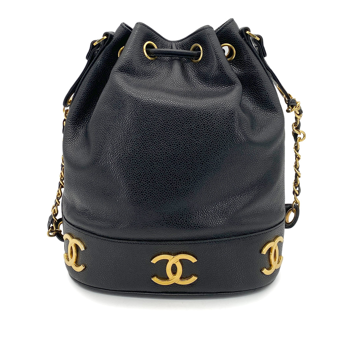 CHANEL VINTAGE TRIPLE COCO CHAIN SHOULDER BAG BLACK CAVIAR SKIN 90261302