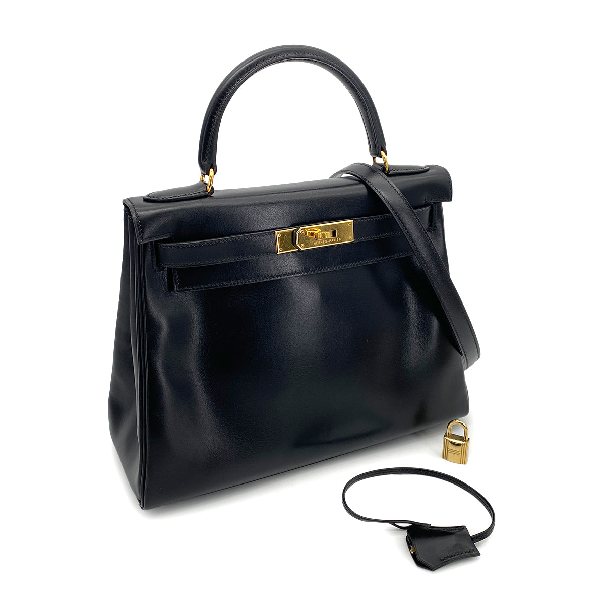HERMES KELLY 28 RETOURNE BLACK BOXCALF HAND SHOULDER BAG □C GHW 90261305