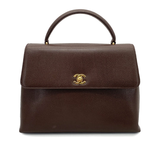 CHANEL VINTAGE KELLY TURN LOCK HAND BAG BROWN CAVIAR SKIN 90261315