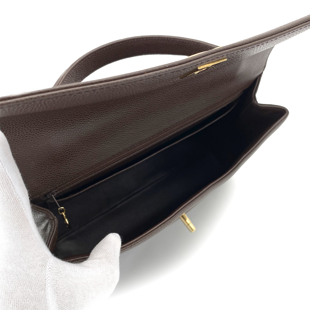 CHANEL VINTAGE KELLY TURN LOCK HAND BAG BROWN CAVIAR SKIN 90261315
