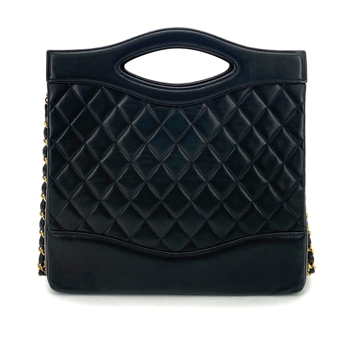 CHANEL VINTAGE CHAIN TOTE SHOULDER BAG BLACK LAMB SKIN 90261317