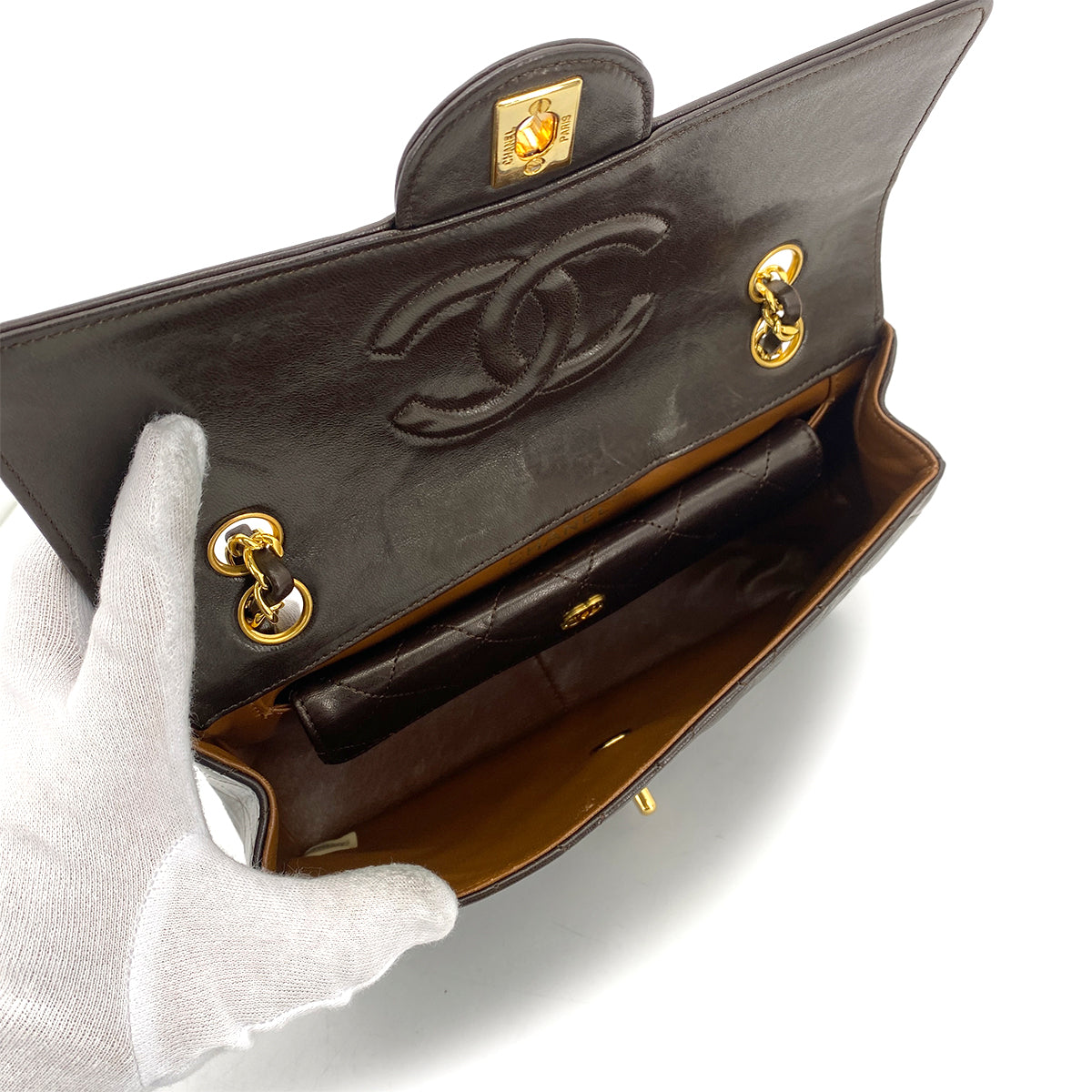 CHANEL VINTAGE MATELASSE CHAIN SHOULDER BAG BROWN LAMB SKIN 90261321