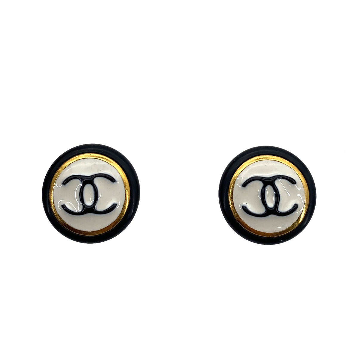 CHANEL VINTAGE EARRINGS ROUND COCOMARK BLACK WHITE ACCESSORY 96A 90261334