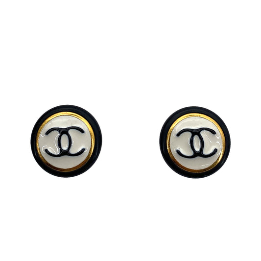 CHANEL VINTAGE EARRINGS ROUND COCOMARK BLACK WHITE ACCESSORY 96A 90261334