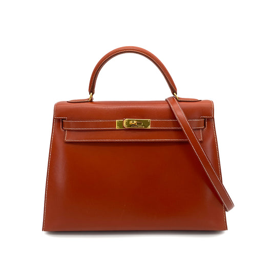 HERMES KELLY 32 SELLIER BRIQUE BOXCALF HAND SHOULDER BAG □B GHW 90261523