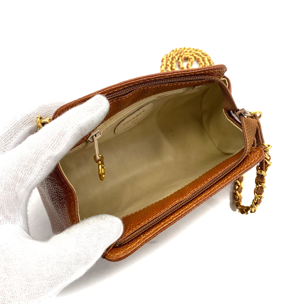 CHANEL VINTAGE MINI POUCH CHAIN SHOULDER BAG CAMEL CAVIAR SKIN 90261527