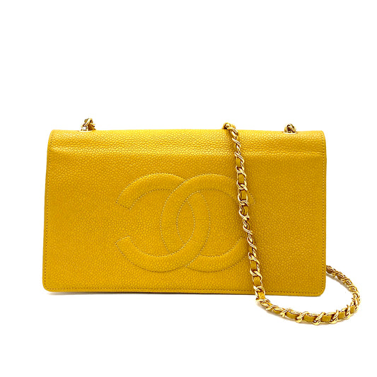 CHANEL VINTAGE CHAIN SHOULDER WALLET YELLOW CAVIAR SKIN 90261546