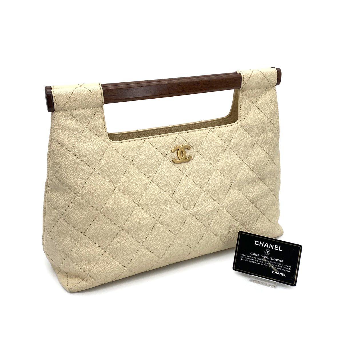 CHANEL VINTAGE MATELASSE WOOD HANDLE BAG BEIGE CAVIAR SKIN 90261564