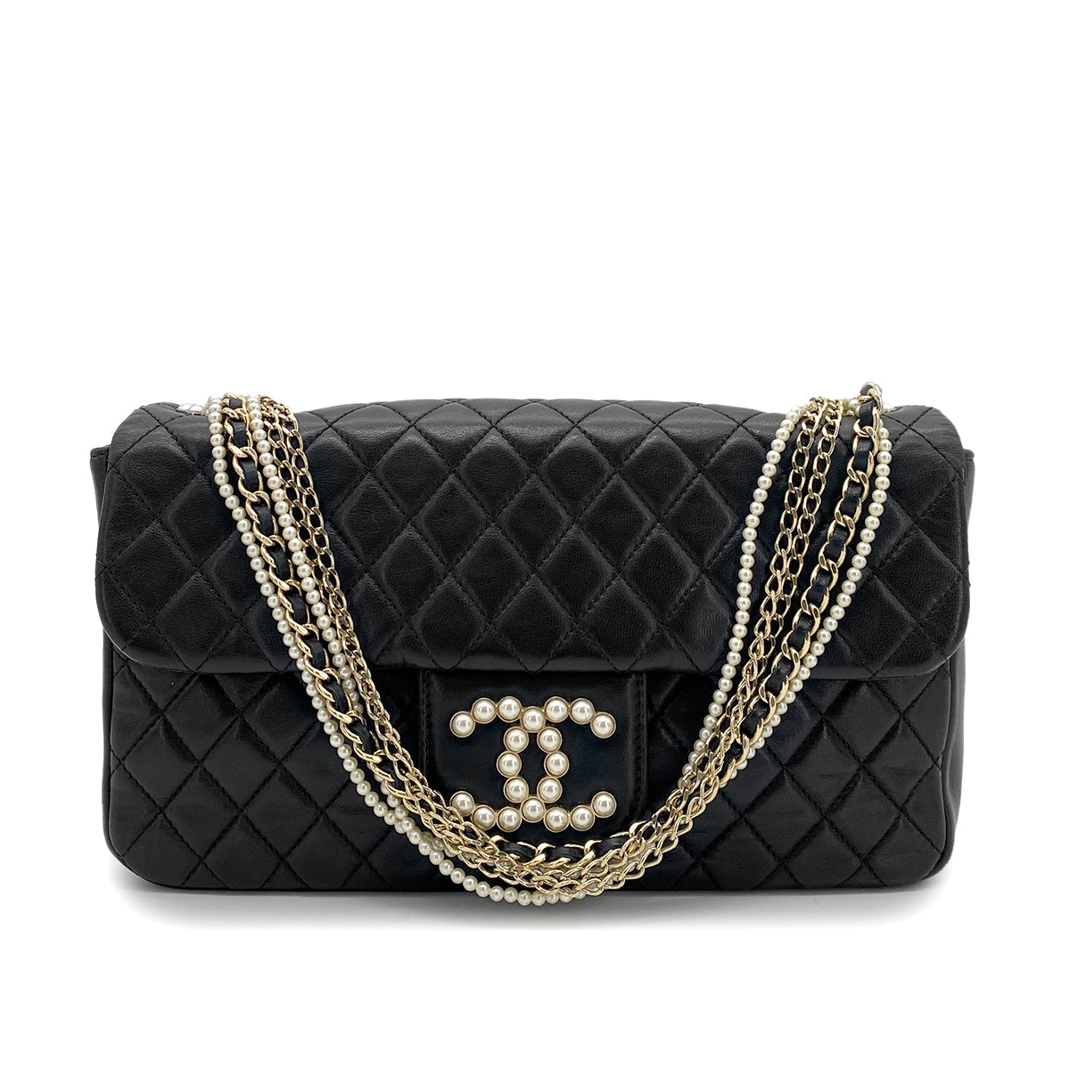 CHANEL WESTMINSTER CHAIN SHOULDER BAG FAUX PEARL BLACK LAMB SKIN 90261575