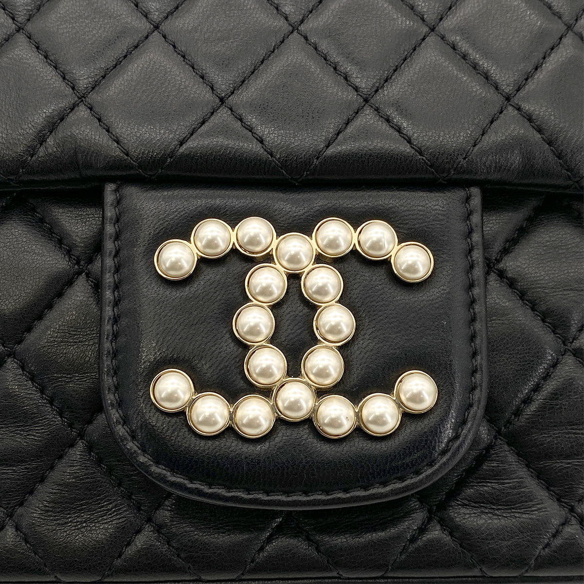 CHANEL WESTMINSTER CHAIN SHOULDER BAG FAUX PEARL BLACK LAMB SKIN 90261575