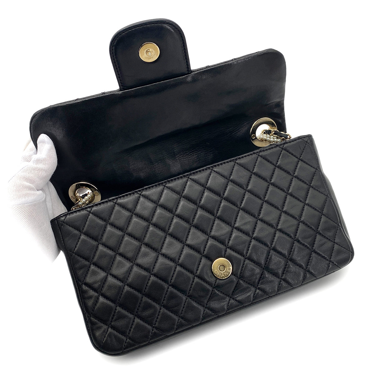 CHANEL WESTMINSTER CHAIN SHOULDER BAG FAUX PEARL BLACK LAMB SKIN 90261575