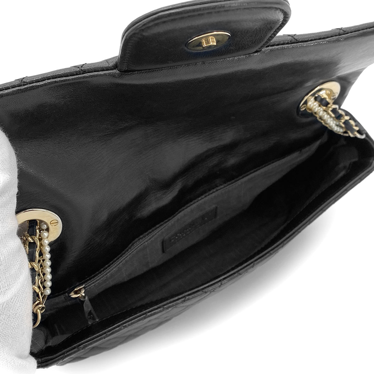 CHANEL WESTMINSTER CHAIN SHOULDER BAG FAUX PEARL BLACK LAMB SKIN 90261575