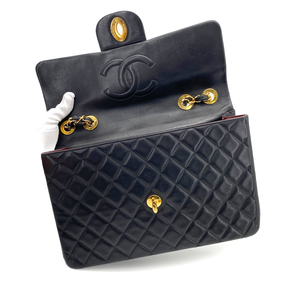 CHANEL VINTAGE MAXI MATELASSE 34 CHAIN SHOULDER BAG BLACK LAMB SKIN 90261589