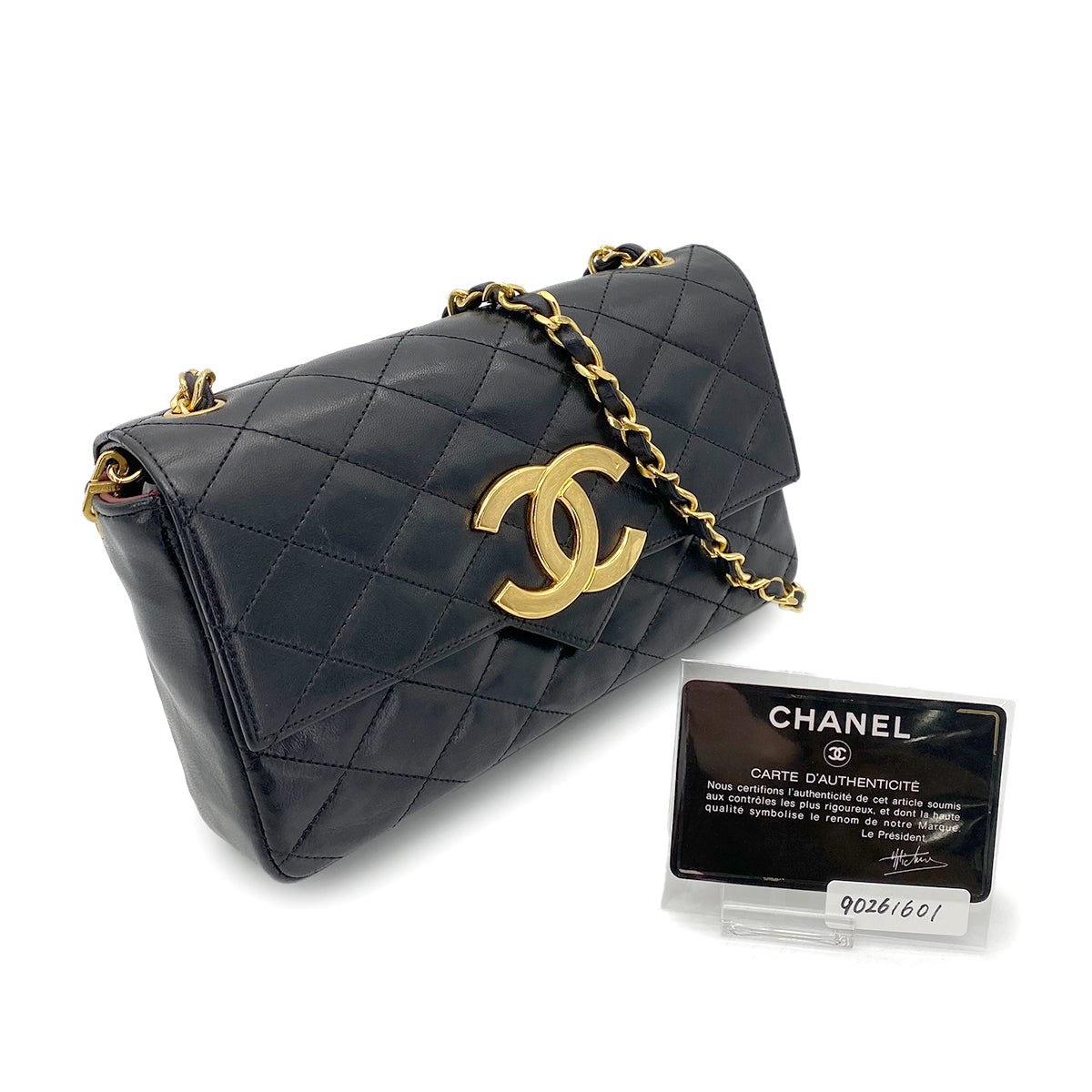 CHANEL VINTAGE MATELASSE BIG COCO CHAIN SHOULDER BAG BLACK LAMB SKIN 90261601