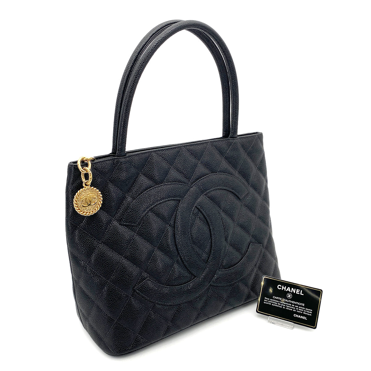 CHANEL VINTAGE MEDALLION TOTE BAG BLACK CAVIAR SKIN 90261602