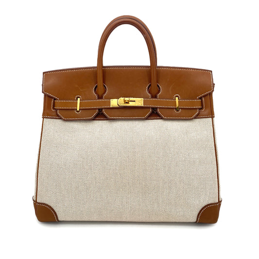 HERMES HAUT A COURROIES 32 FAUVE BARENIA TOILE H HAND BAG □F GHW 90261645