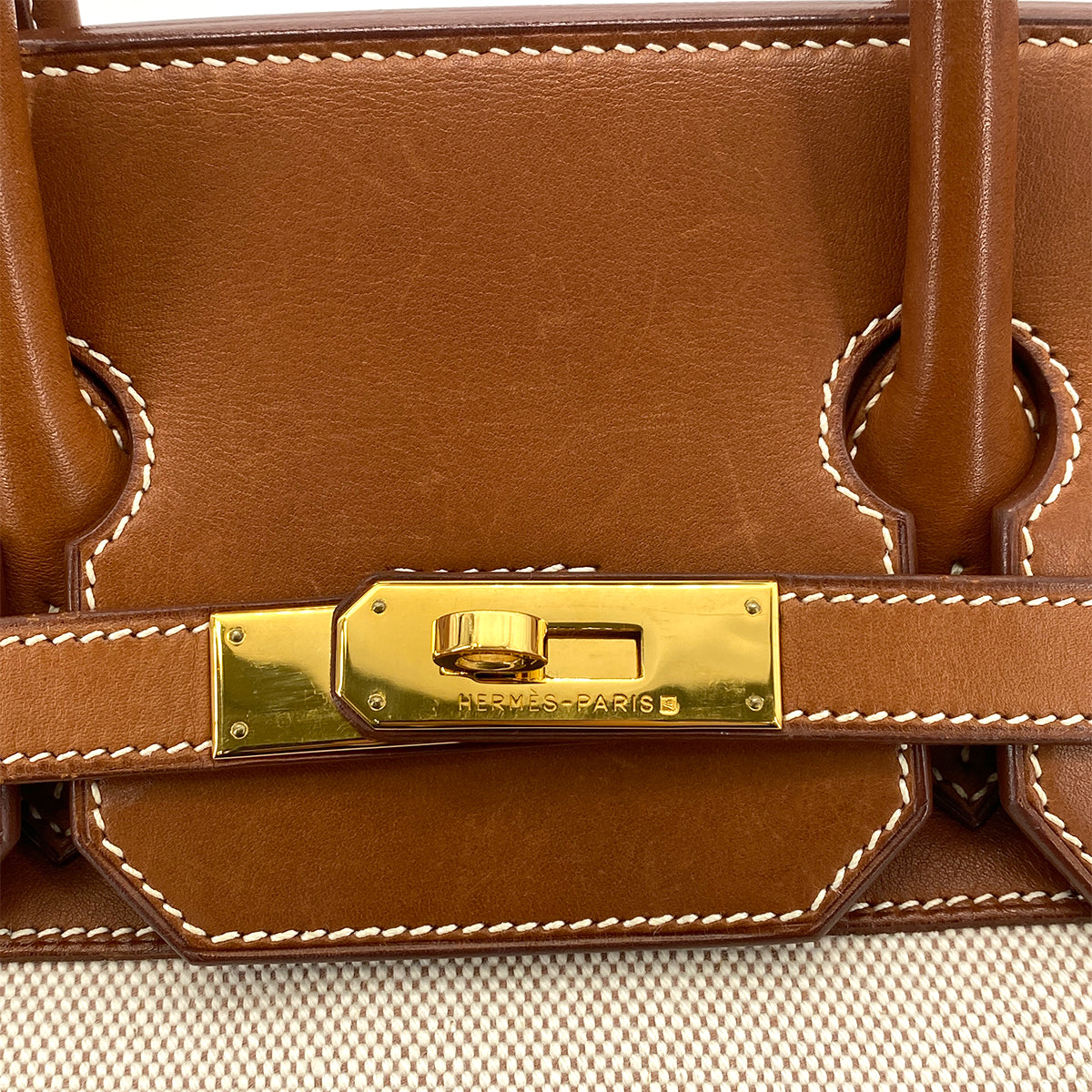 HERMES HAUT A COURROIES 32 FAUVE BARENIA TOILE H HAND BAG □F GHW 90261645