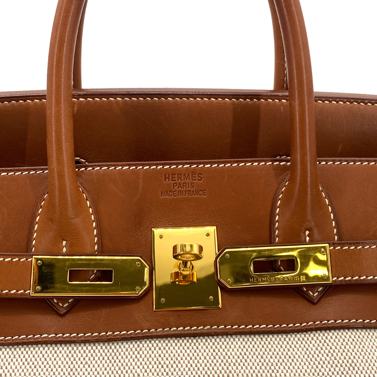 HERMES HAUT A COURROIES 32 FAUVE BARENIA TOILE H HAND BAG □F GHW 90261645