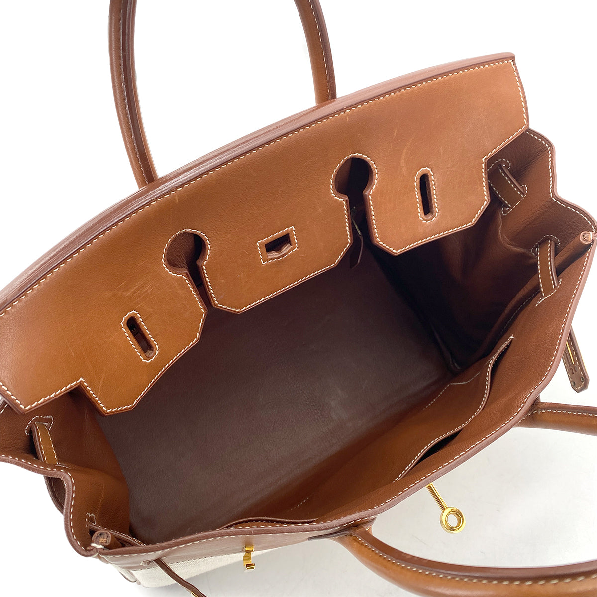 HERMES HAUT A COURROIES 32 FAUVE BARENIA TOILE H HAND BAG □F GHW 90261645