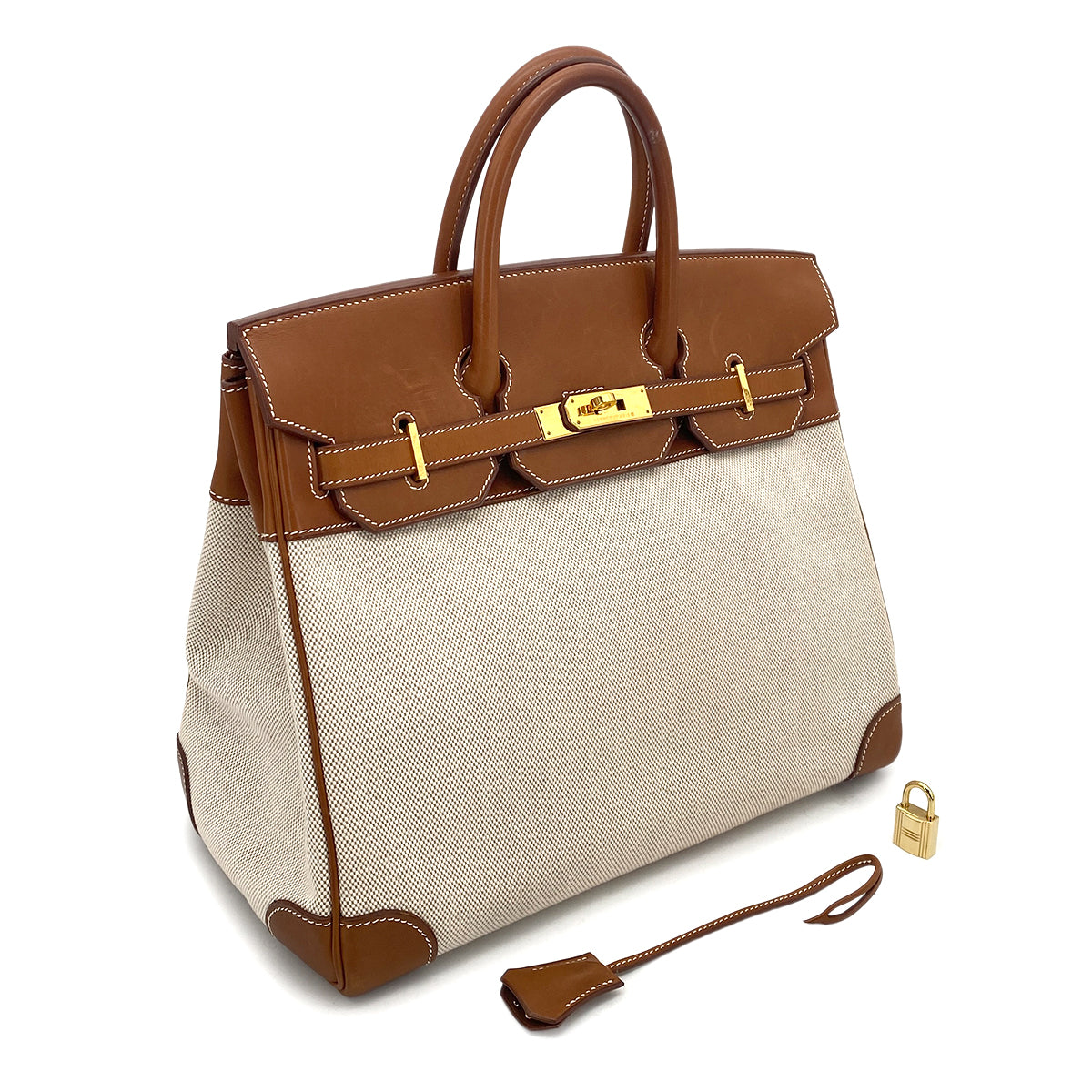 HERMES HAUT A COURROIES 32 FAUVE BARENIA TOILE H HAND BAG □F GHW 90261645