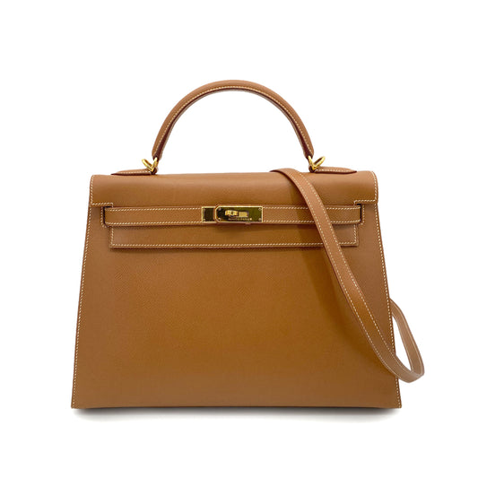 HERMES KELLY 32 SELLIER GOLD COUCHVEL HAND SHOULDER BAG □D 90261809