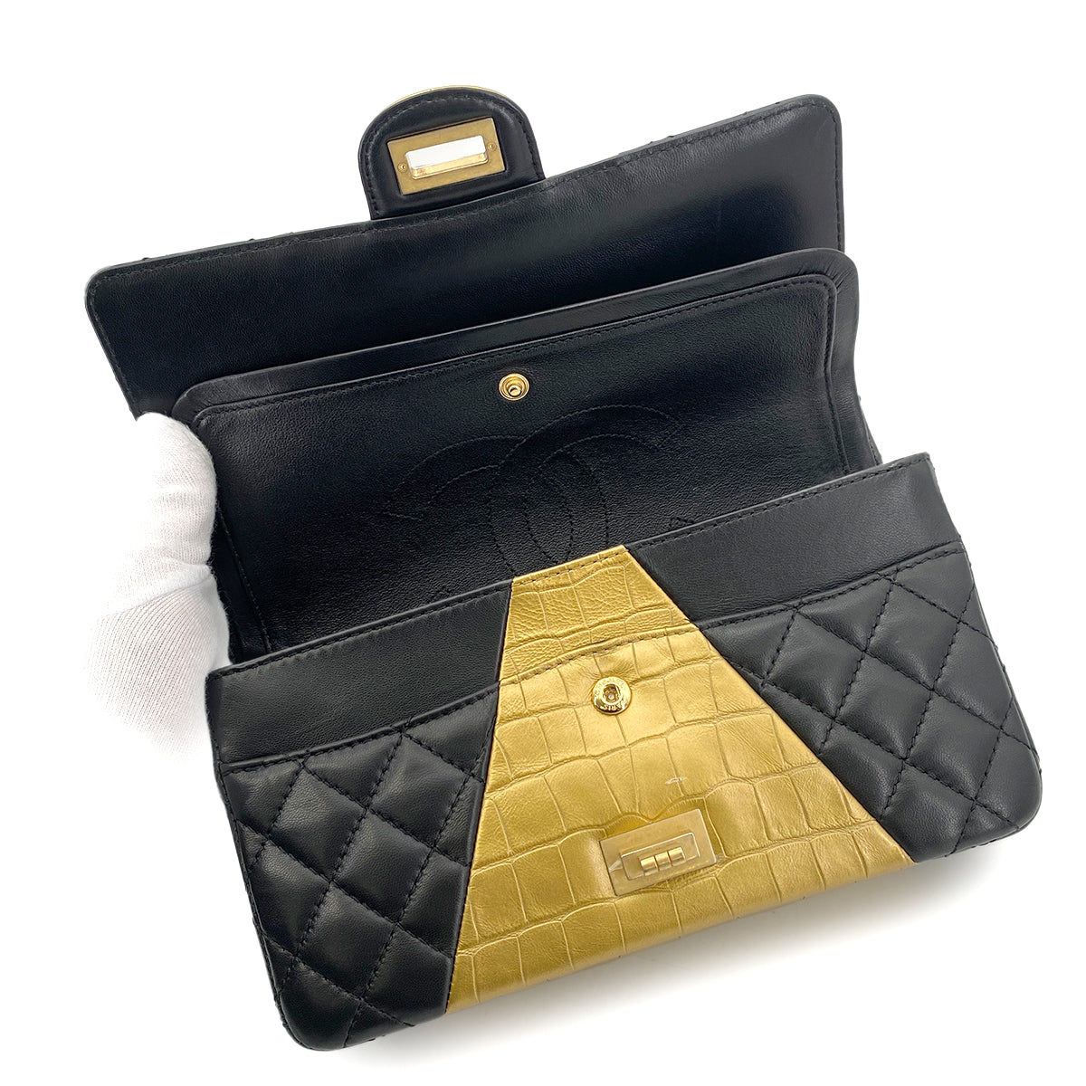 CHANEL 2.55 MEDIUM CHAIN SHOULDER BAG GOLD BLACK LAMB SKIN 90261822