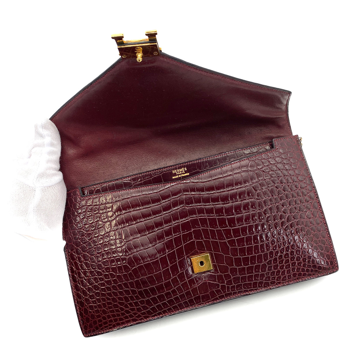 HERMES LYDIE CLUTCH SHOULDER BAG ROUGE H CROCODILE 〇F GHW 90261831
