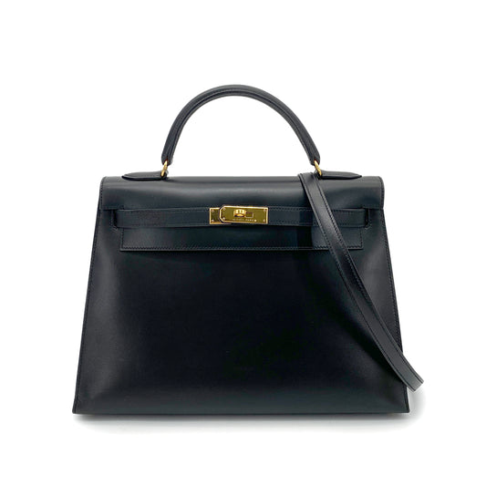 HERMES KELLY 32 SELLIER BLACK BOX CALF HAND SHOULDER BAG □A GHW 90262049