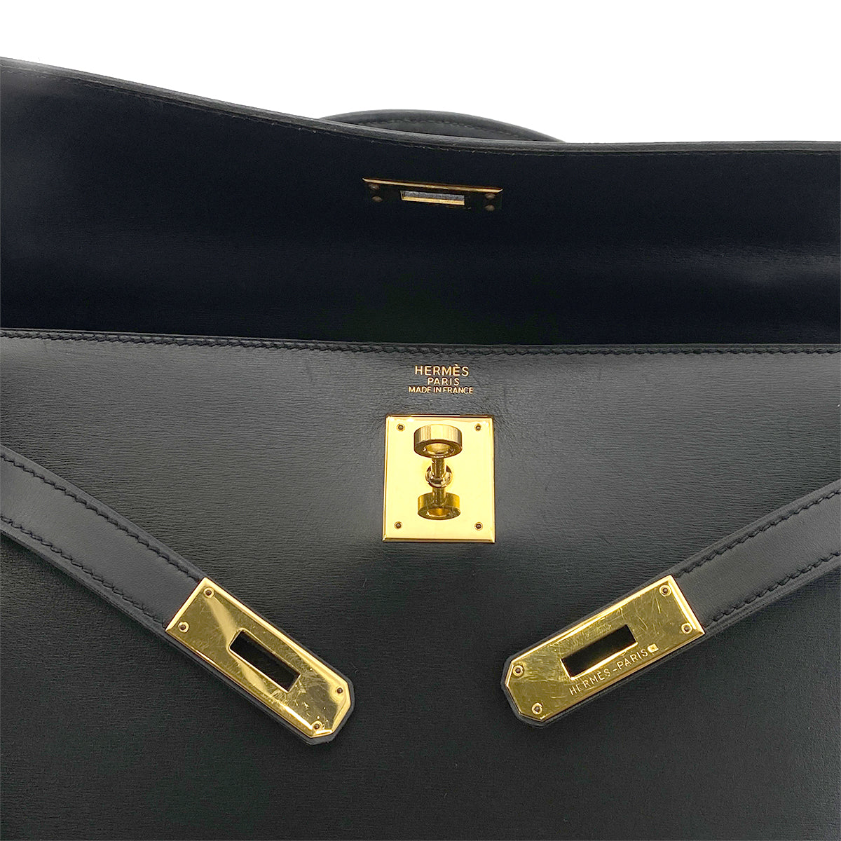 HERMES KELLY 32 SELLIER BLACK BOX CALF HAND SHOULDER BAG □A GHW 90262049