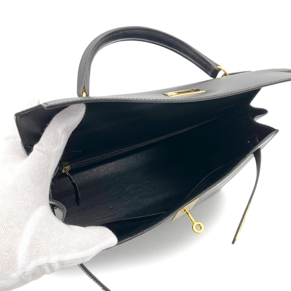 HERMES KELLY 32 SELLIER BLACK BOX CALF HAND SHOULDER BAG □A GHW 90262049