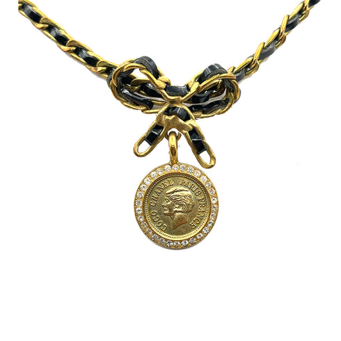 CHANEL VINTAGE CHAIN NECKLACE LEATHER RIBBON RHINESTONE ACCESSORY 95P 90262306 - PURPOSE