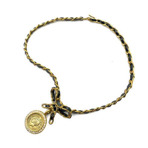 CHANEL VINTAGE CHAIN NECKLACE LEATHER RIBBON RHINESTONE ACCESSORY 95P 90262306 - PURPOSE