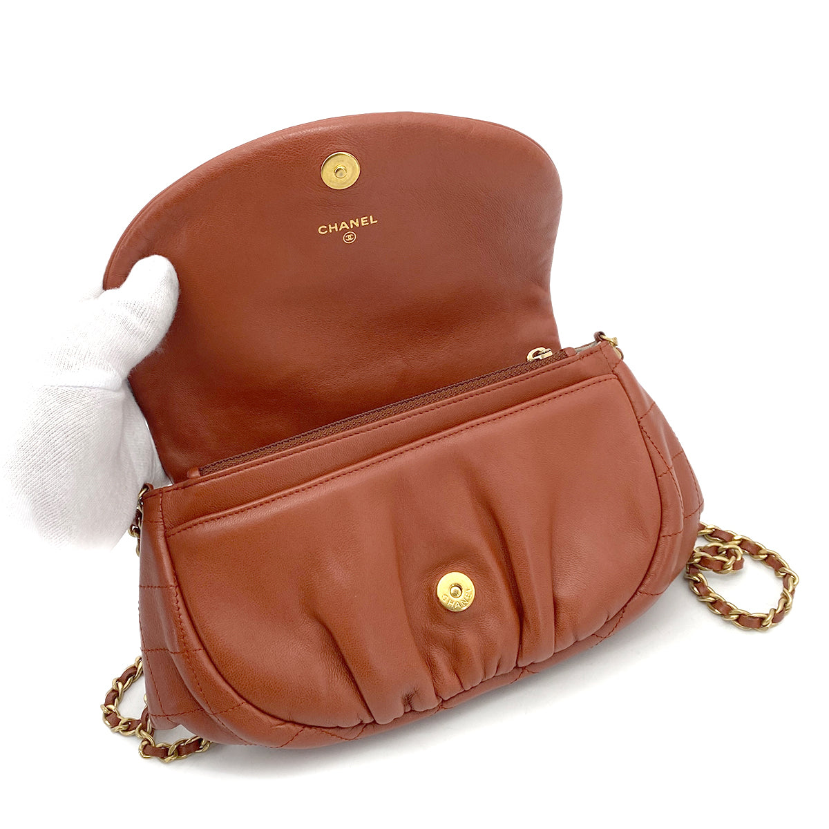 CHANEL HALF MOON CHAIN SHOULDER BAG BROWN LAMB SKIN 90262325