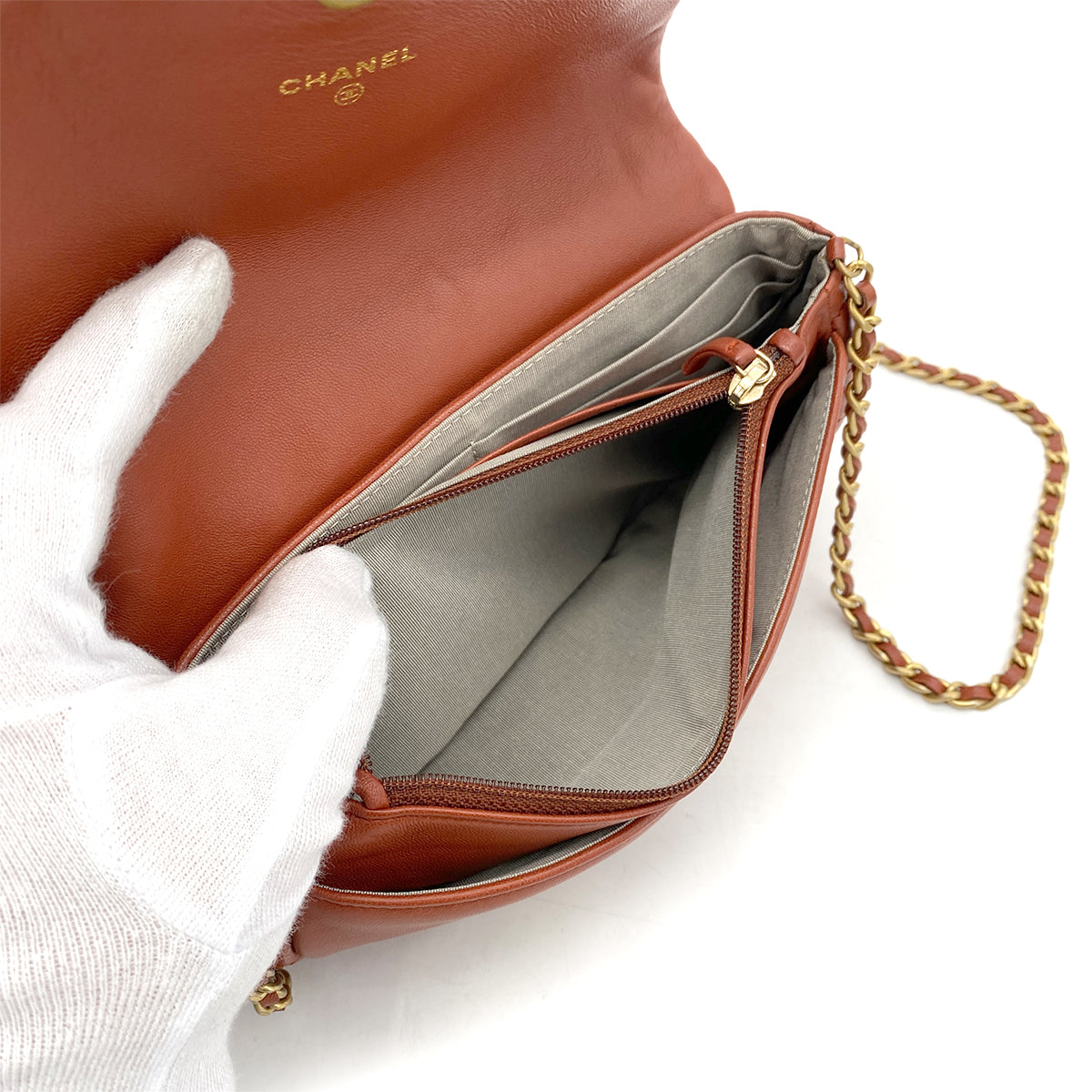 CHANEL HALF MOON CHAIN SHOULDER BAG BROWN LAMB SKIN 90262325
