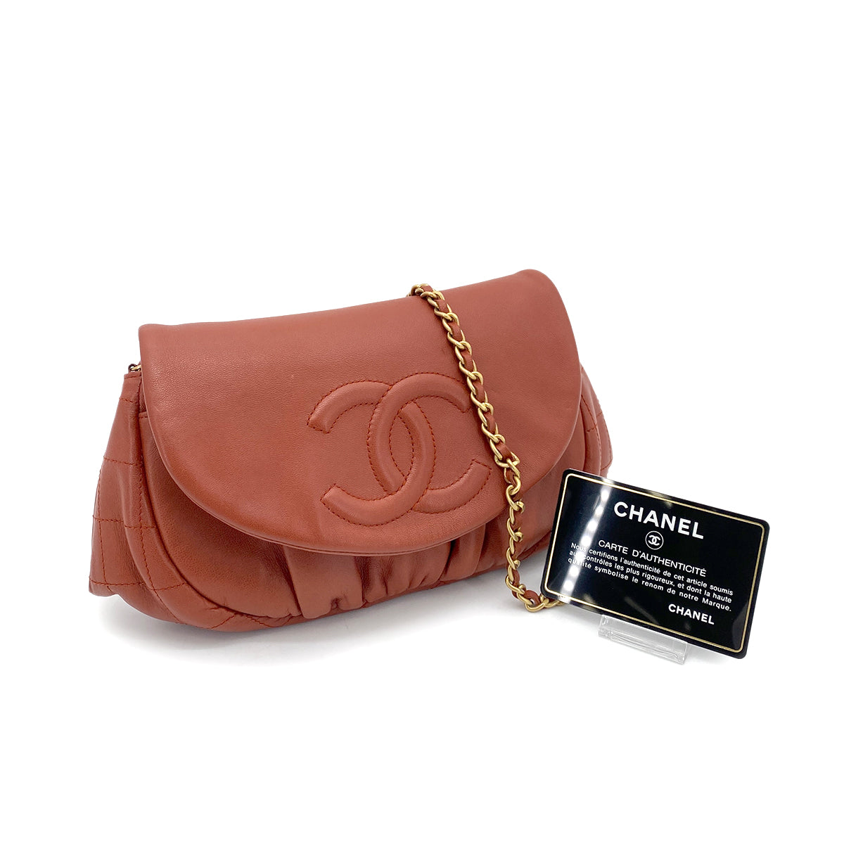 CHANEL HALF MOON CHAIN SHOULDER BAG BROWN LAMB SKIN 90262325