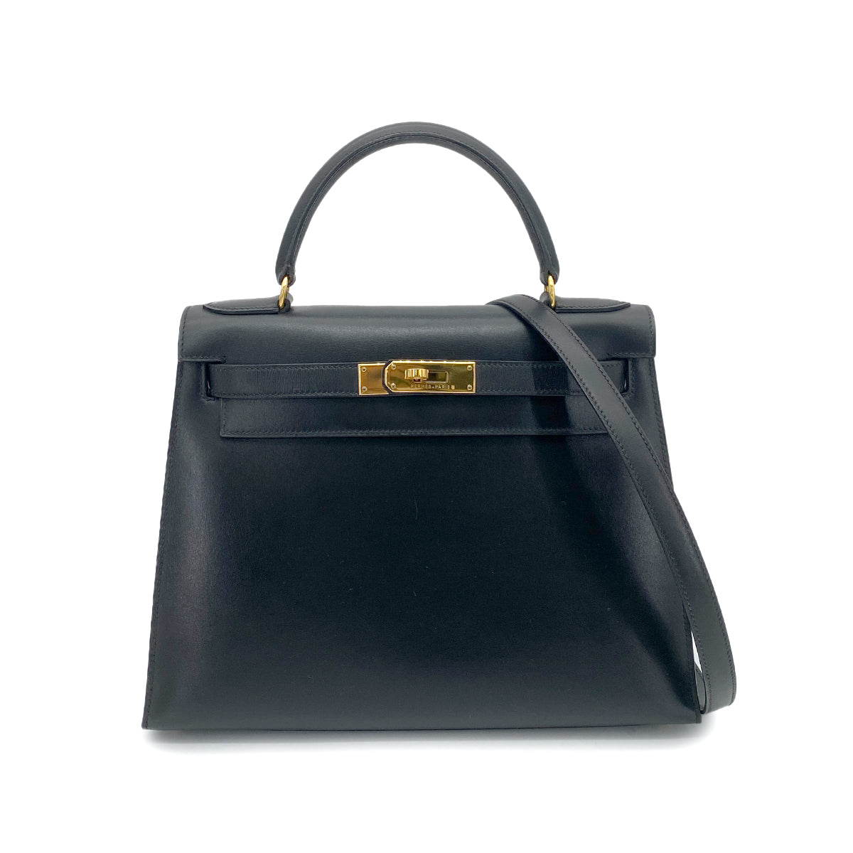 HERMES KELLY 28 SELLIER BLACK BOXCALF HAND SHOULDER BAG 〇Z GHW 90262338