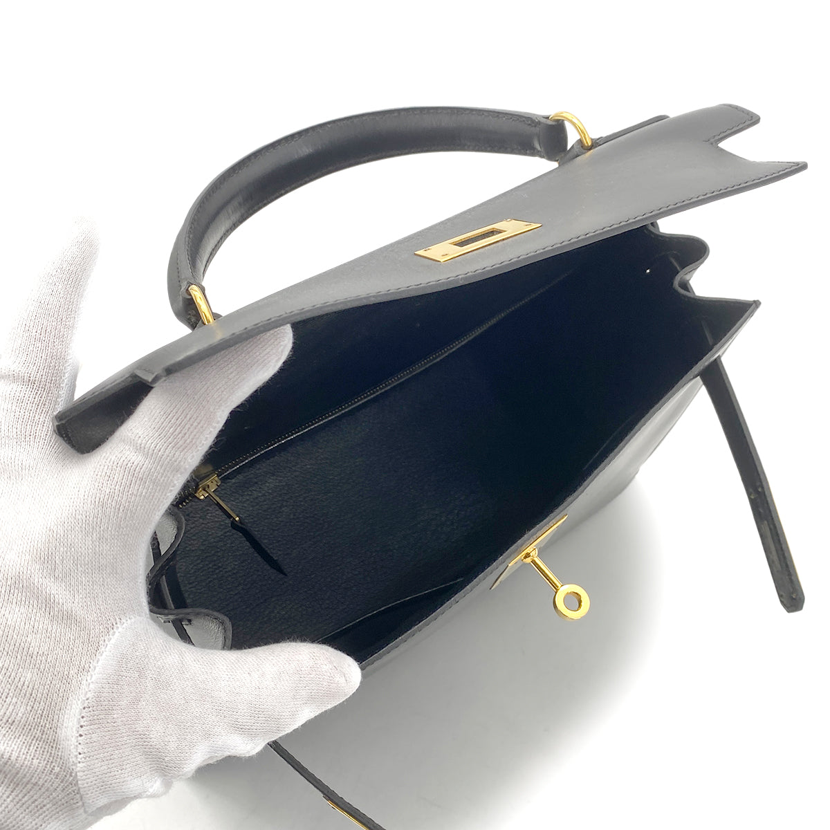 HERMES KELLY 28 SELLIER BLACK BOXCALF HAND SHOULDER BAG 〇Z GHW 90262338